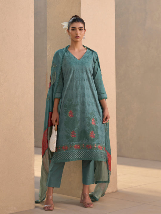 Turquoise Chikan Unstitched Suit Set