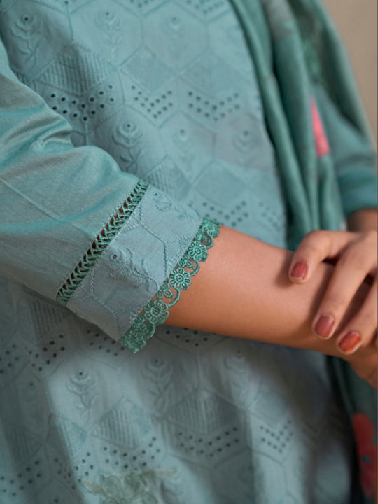 Turquoise Chikan Unstitched Suit Set