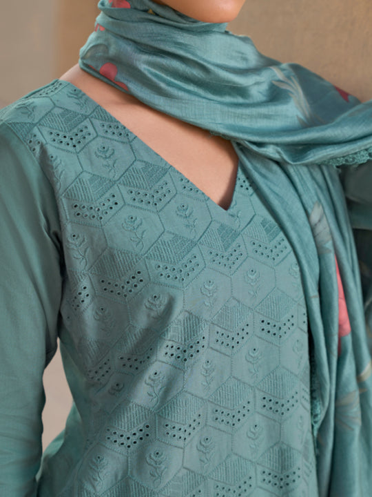 Turquoise Chikan Unstitched Suit Set