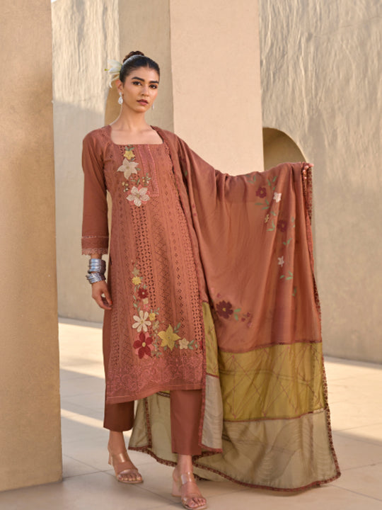Dark Rust Chikan Unstitched Suit Set