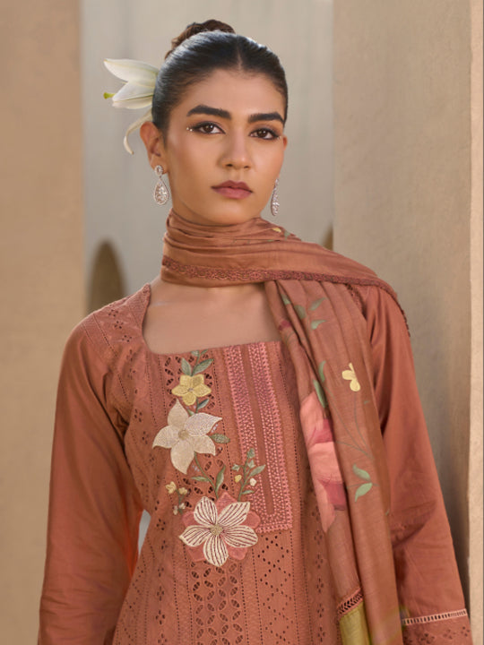 Dark Rust Chikan Unstitched Suit Set