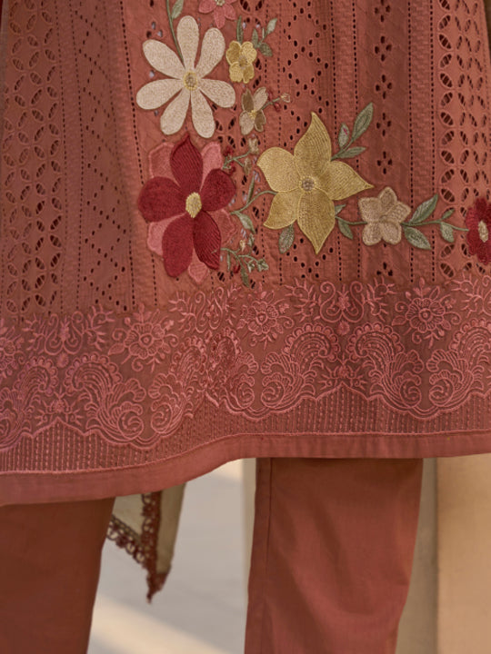 Dark Rust Chikan Unstitched Suit Set