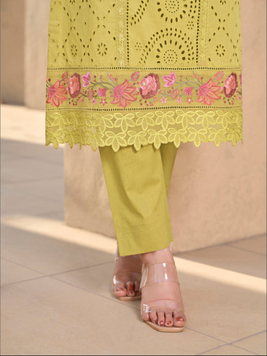 Lime Green Chikan Stitched Suit Set