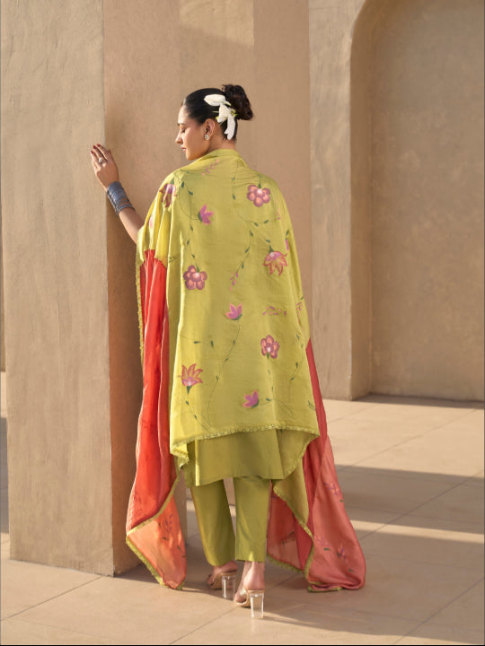 Lime Green Chikan Stitched Suit Set
