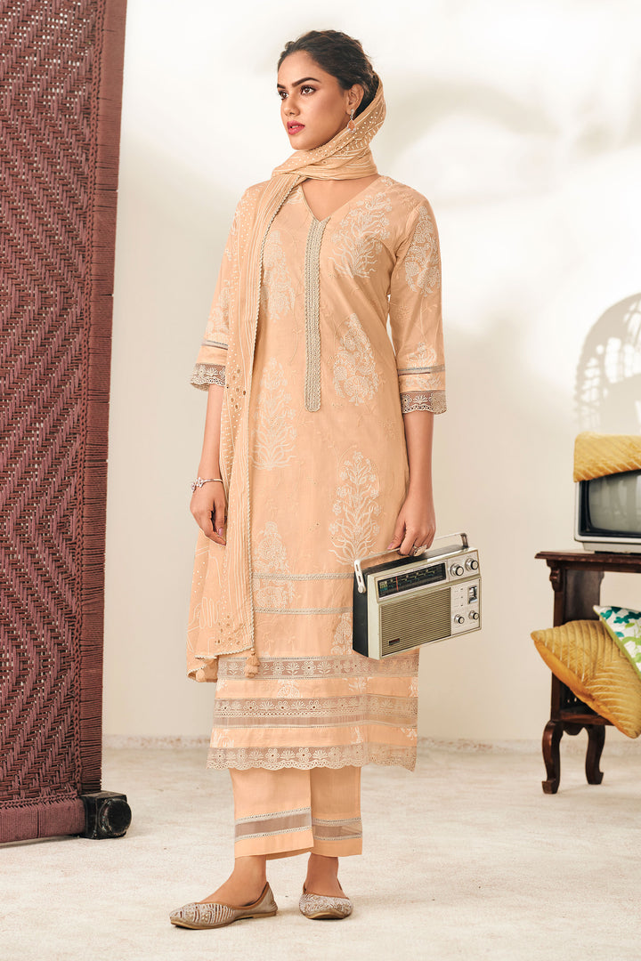 PEACH PURE COTTON EMBROIDERED SUIT