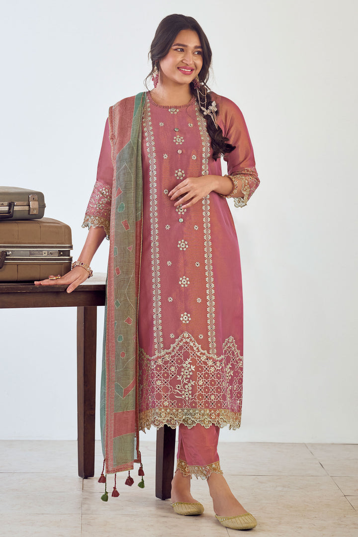 Tissue Embroidery Work Pant Style Pink Suit