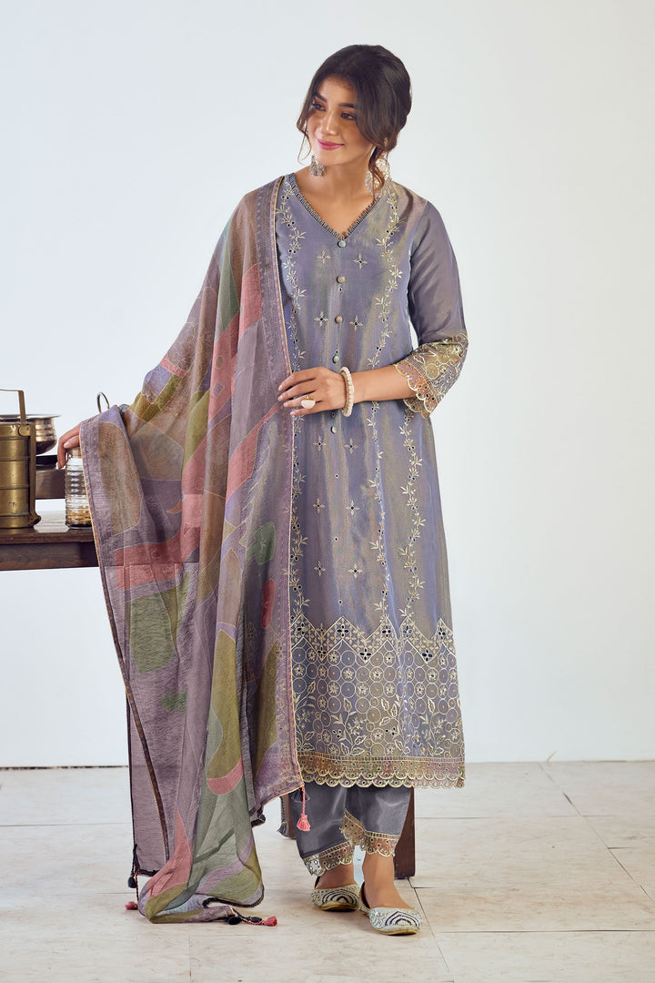 Tissue Embroidery Work Pant Style Lavender Suit