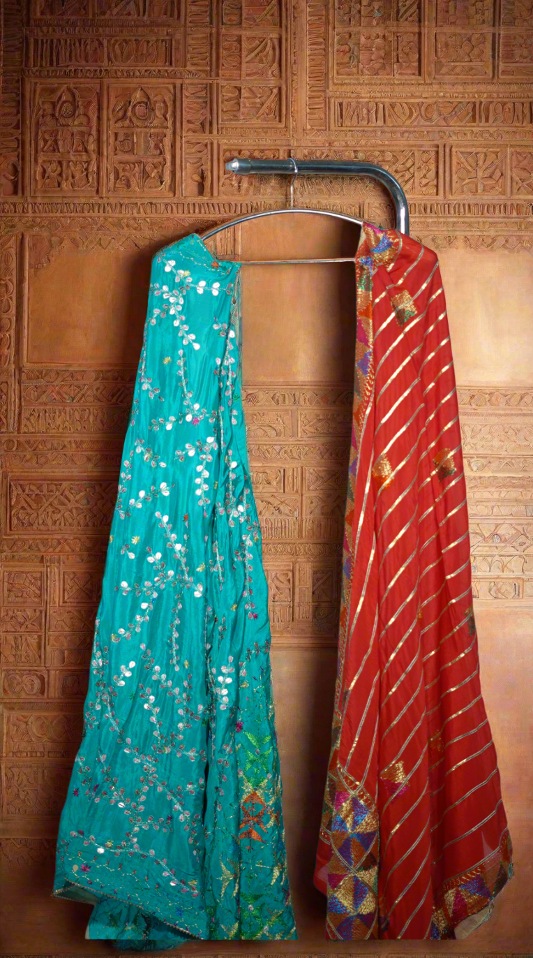 Unstitched Blue Suit with Orange Phulkari