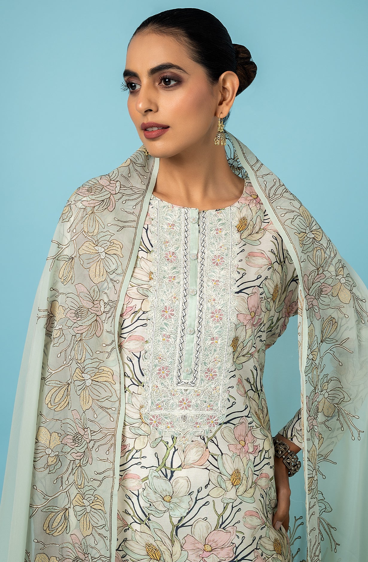 Designer Muslin Printed Suit With Organza Duppatta