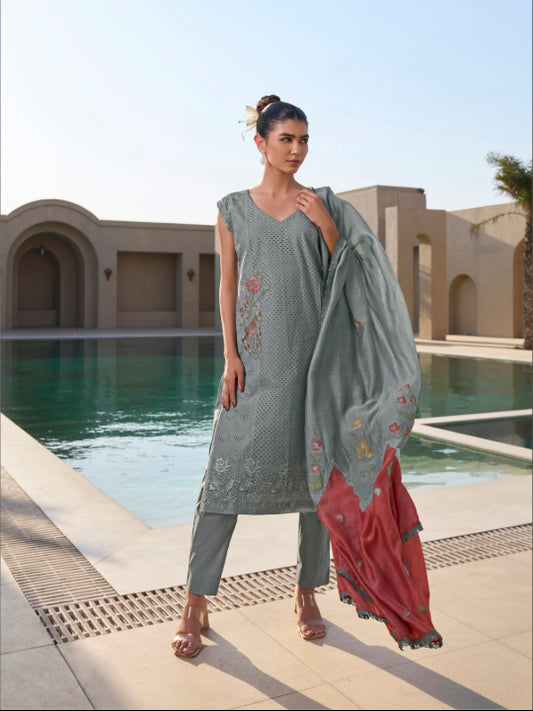 Grey Unstitched chikan Suit Set