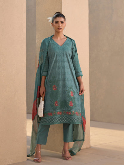 Turquoise Chikan Unstitched Suit Set