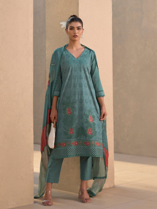 Turquoise Chikan Unstitched Suit Set