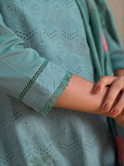 Turquoise Chikan Unstitched Suit Set