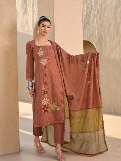 Dark Rust Chikan Unstitched Suit Set