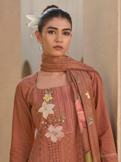 Dark Rust Chikan Unstitched Suit Set