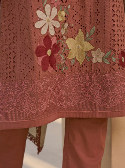 Dark Rust Chikan Unstitched Suit Set
