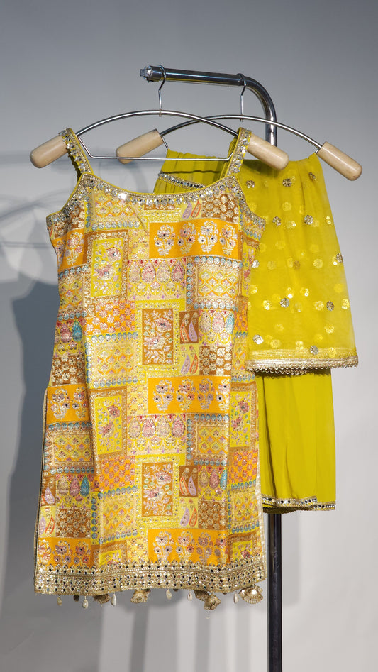 Stunning yellow embroidery sleeveless sharara set
