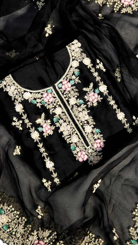 Dark Black Party Wear Suit On Organza