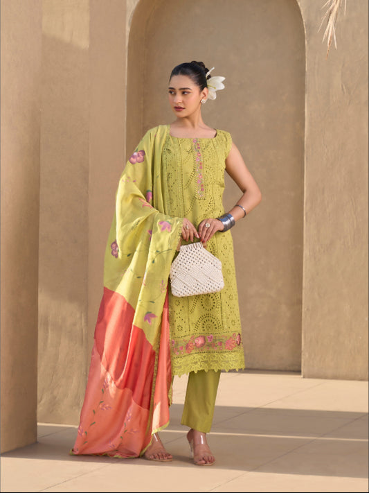 Lime Green Chikan Stitched Suit Set