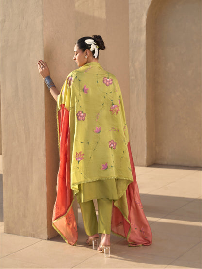 Lime Green Chikan Stitched Suit Set