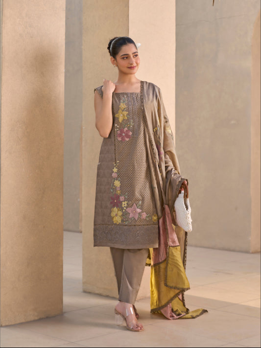 Mouse Grey Chikan Unstitched Suit Set