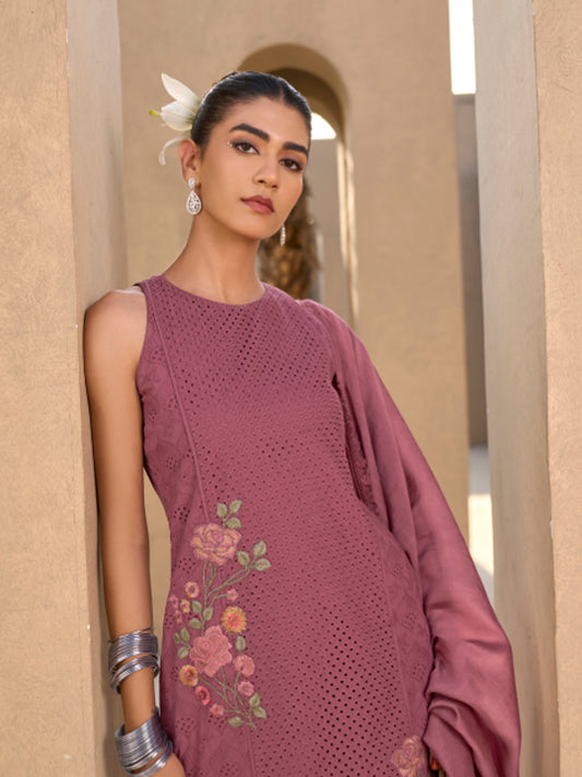 Marron Chikan Unstitched Suit Set