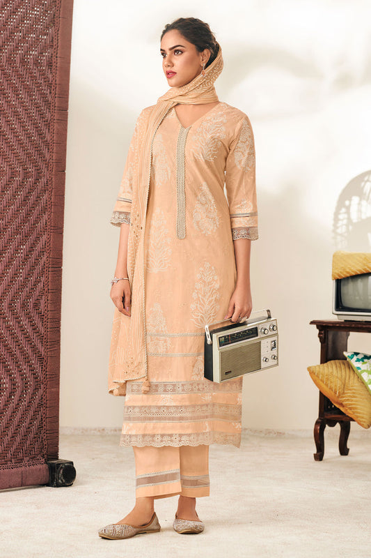 PEACH PURE COTTON EMBROIDERED SUIT