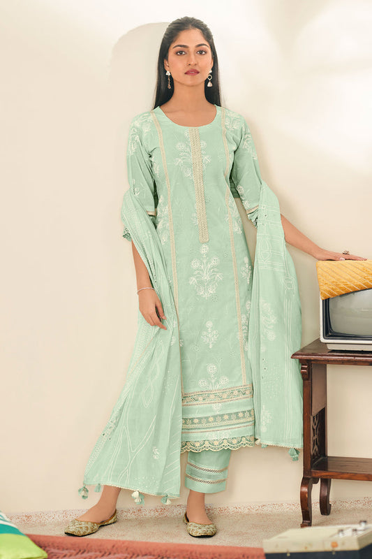 SEA GREEN PURE EMBROIDERED COTTON SUIT