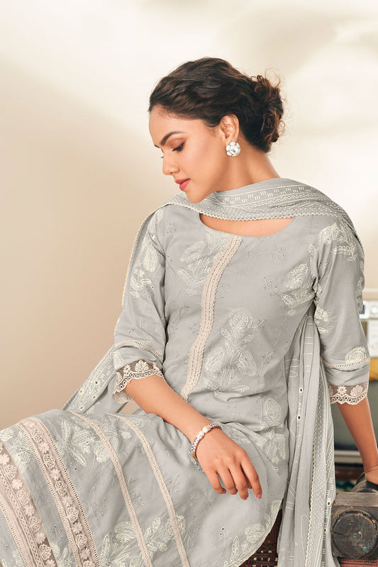 GRAY PURE COTTON EMBROIDERED SUIT