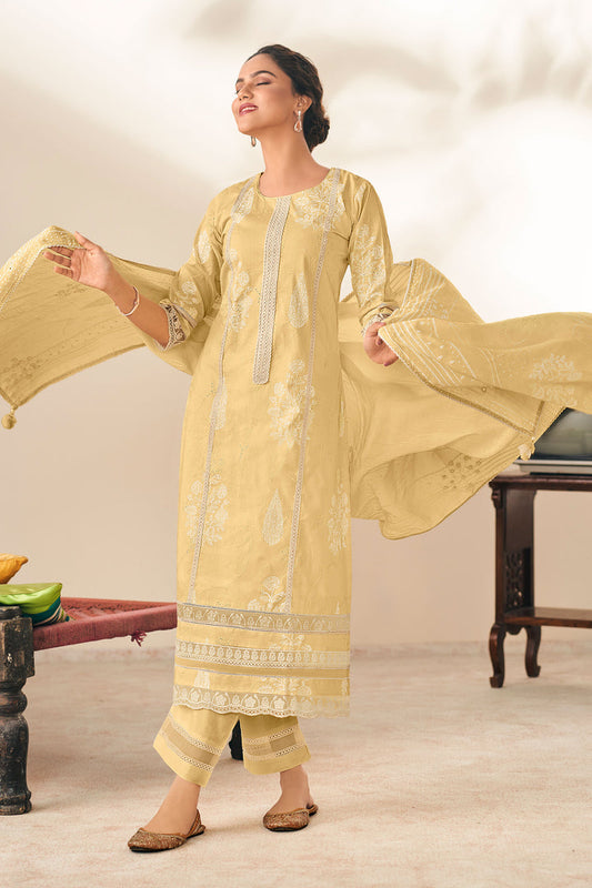 YELLOW PURE COTTON EMBROIDERED SUIT