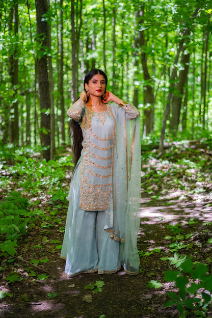 Grey & Blue Organza Punjabi Salwar Suit – Bridal Grace