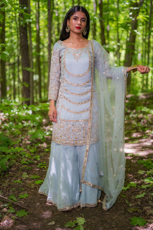 Grey & Blue Organza Punjabi Salwar Suit – Bridal Grace