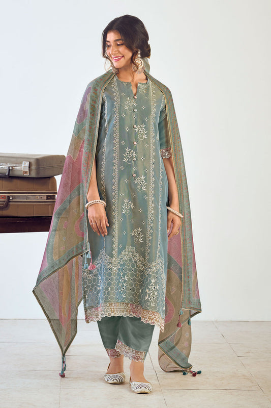 Tissue Embroidery Work Pant Style Grey Suit