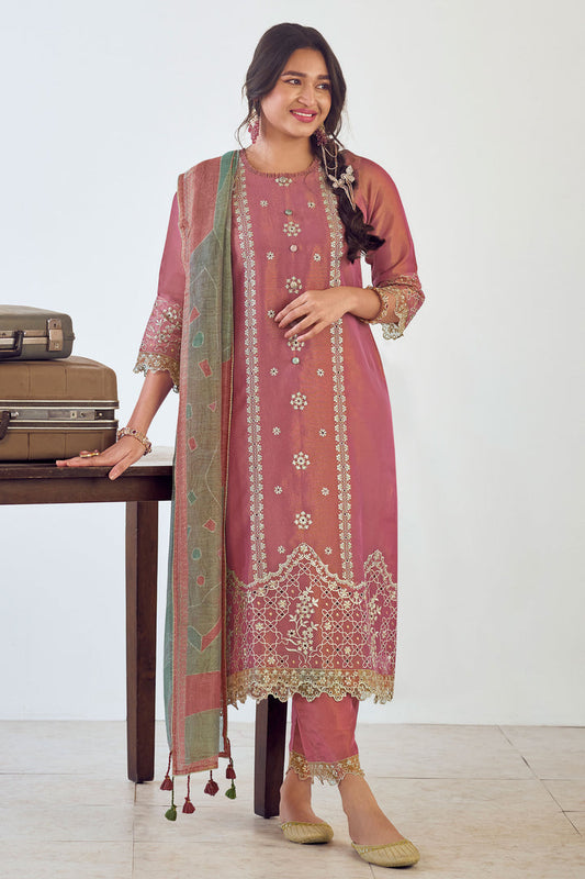 Tissue Embroidery Work Pant Style Pink Suit