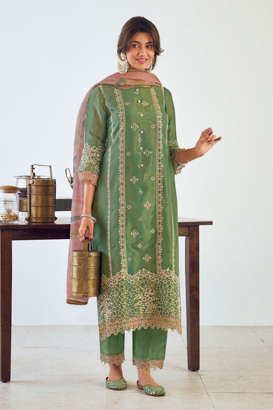 Tissue Embroidery Work Pant Style Green Suit
